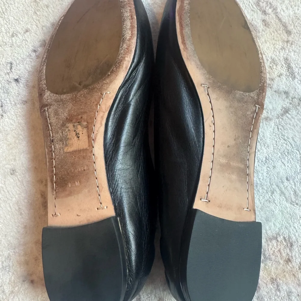 Tory Burch Black Leather Logo Ballet Flats with Gold Emblem